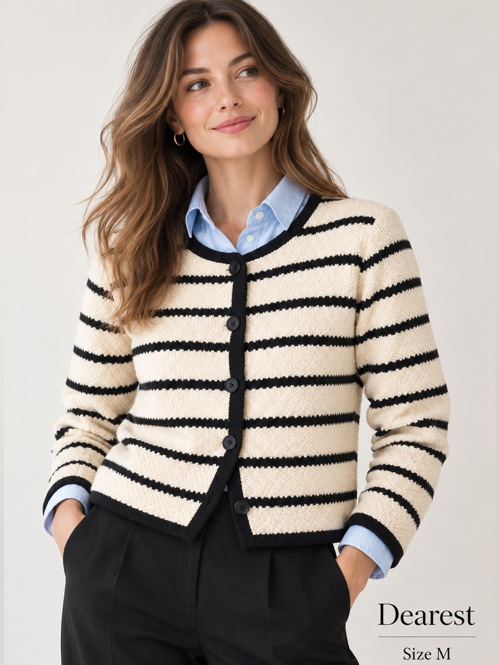 Cream and Black Striped Button-Front Cardigan Sweater